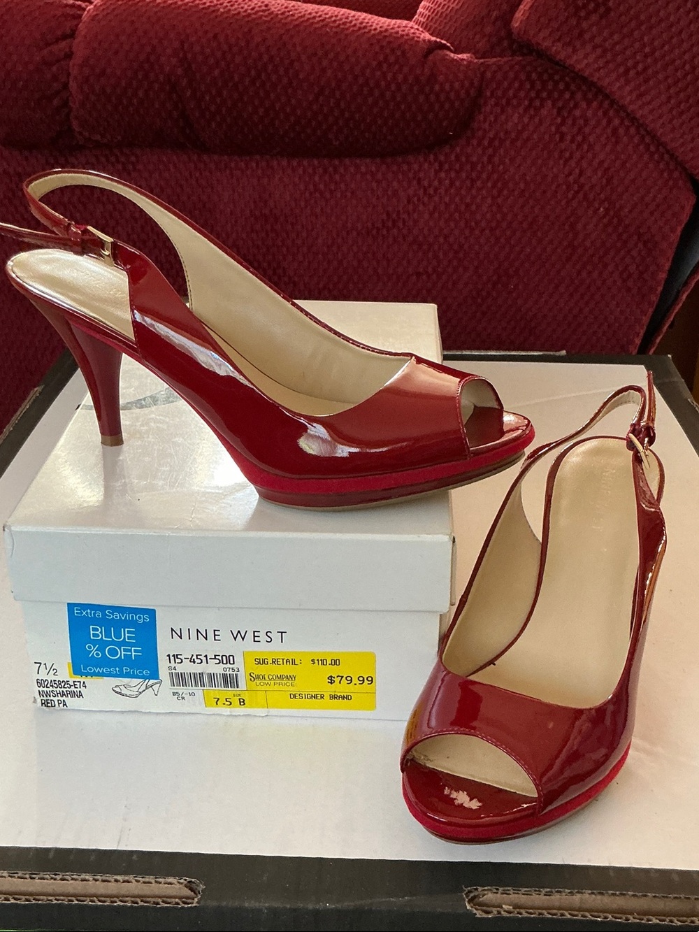 Nine West Glossy Red Patent Leather Slingback Peep-Toe Heels “NWSharina” 7.5 M